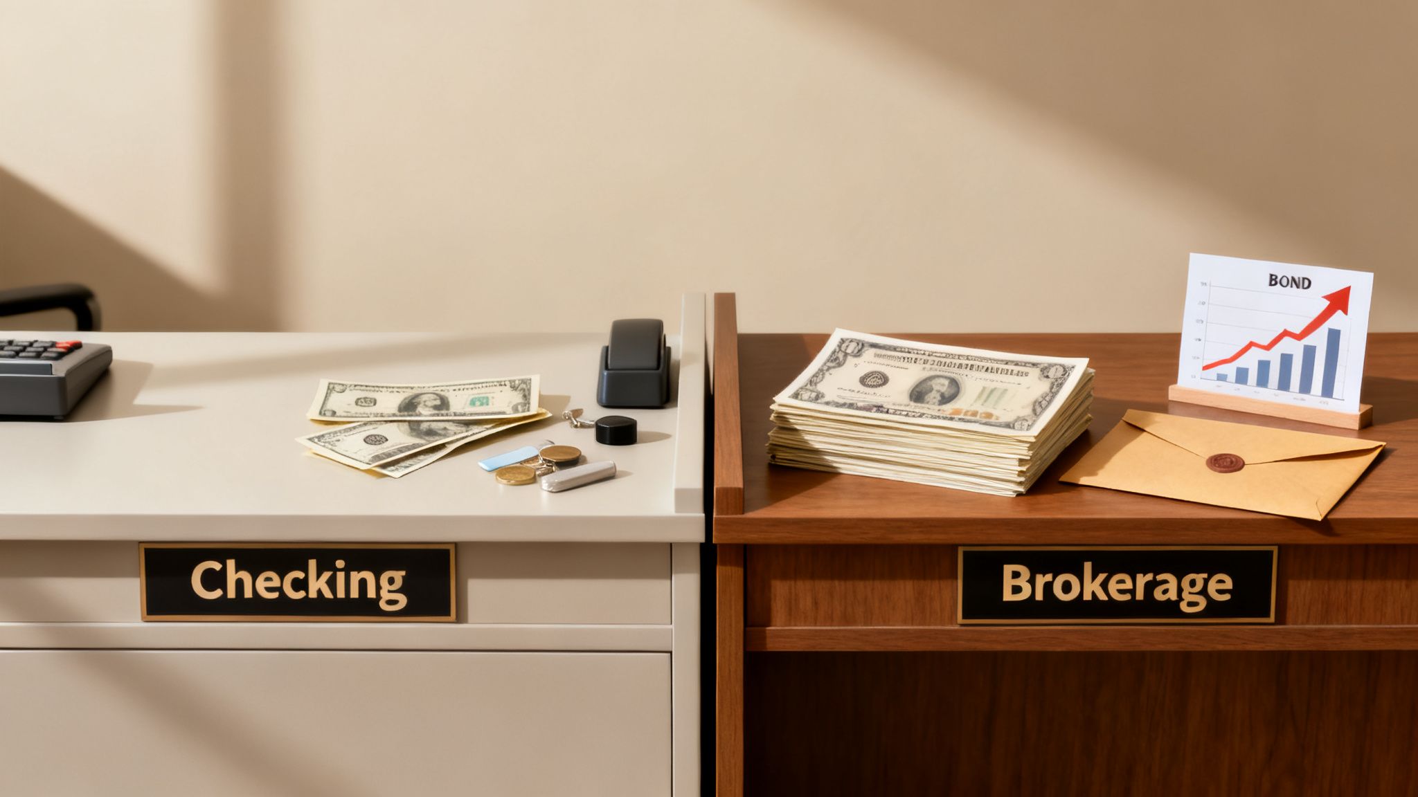 Desk split into checking with cash, coins, and keys, and brokerage with a money stack and bond graph.
