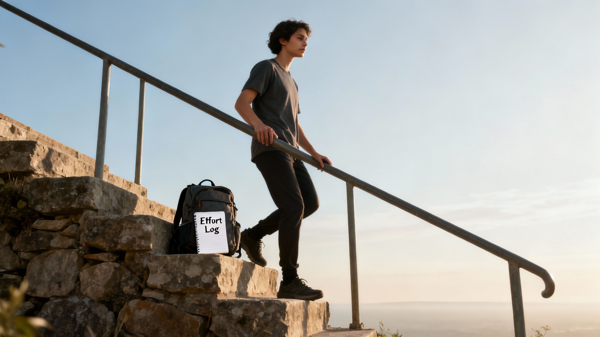 Young person walks down stone steps, holding a railing, with a backpack and 'Effort Log' notebook.