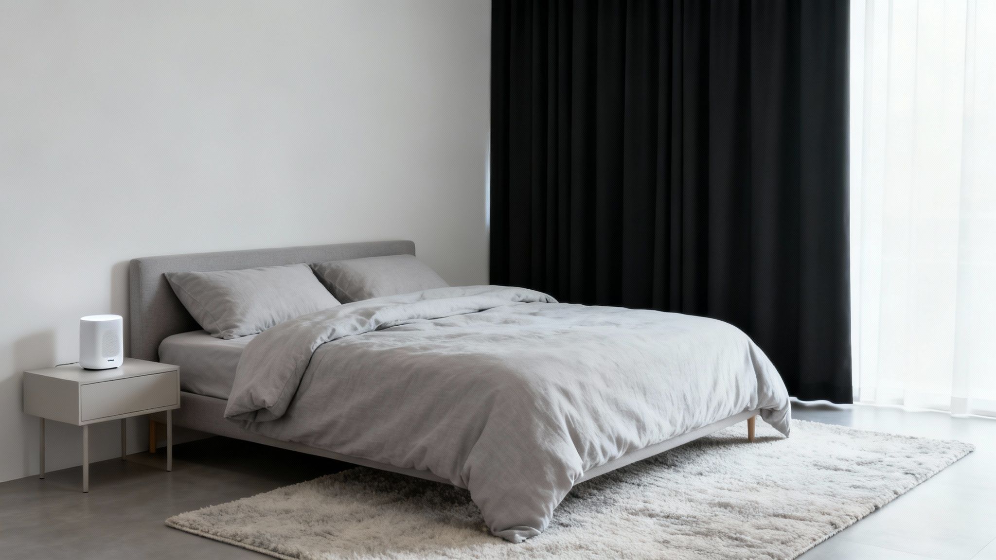 Minimalist bedroom featuring a comfortable gray bed, nightstand with a smart speaker, and dark curtains.