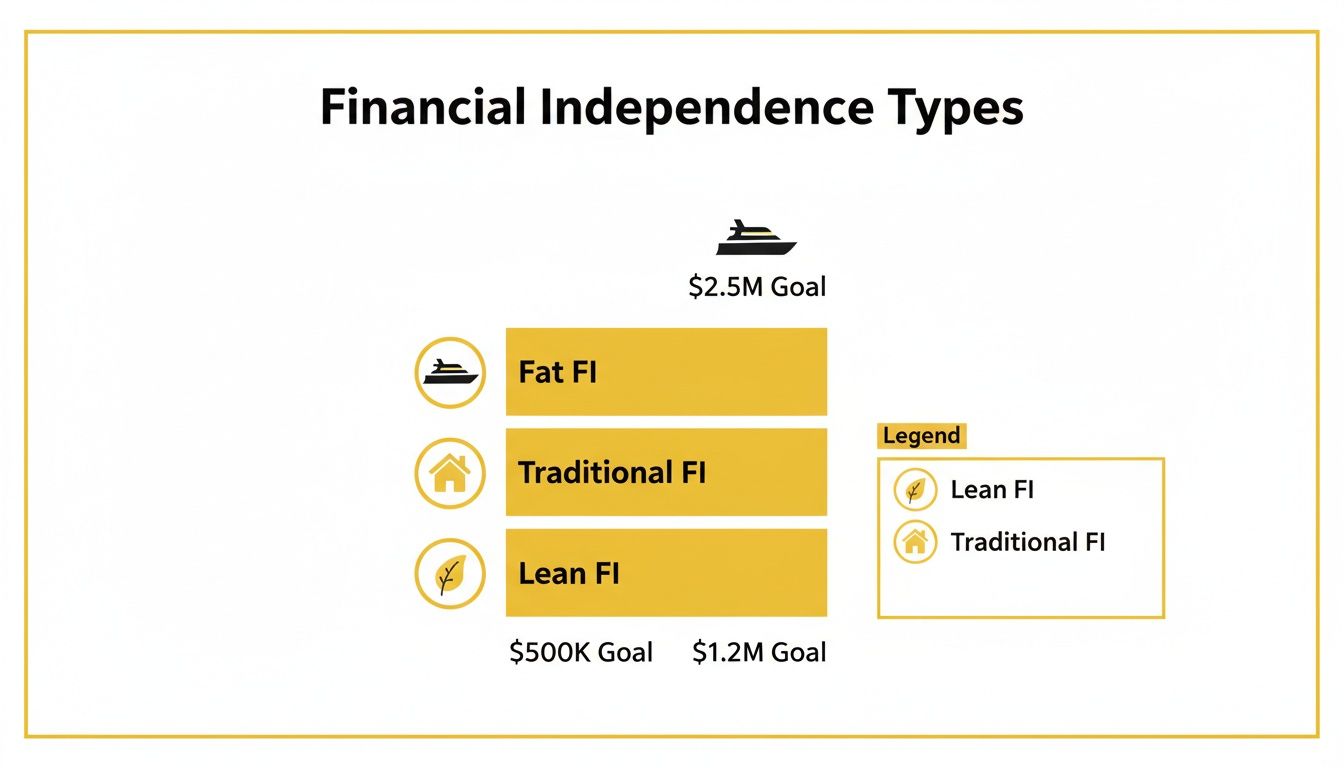 Diagram illustrating Financial Independence types: Fat FI ($2.5M), Traditional FI ($1.2M), and Lean FI ($500K).