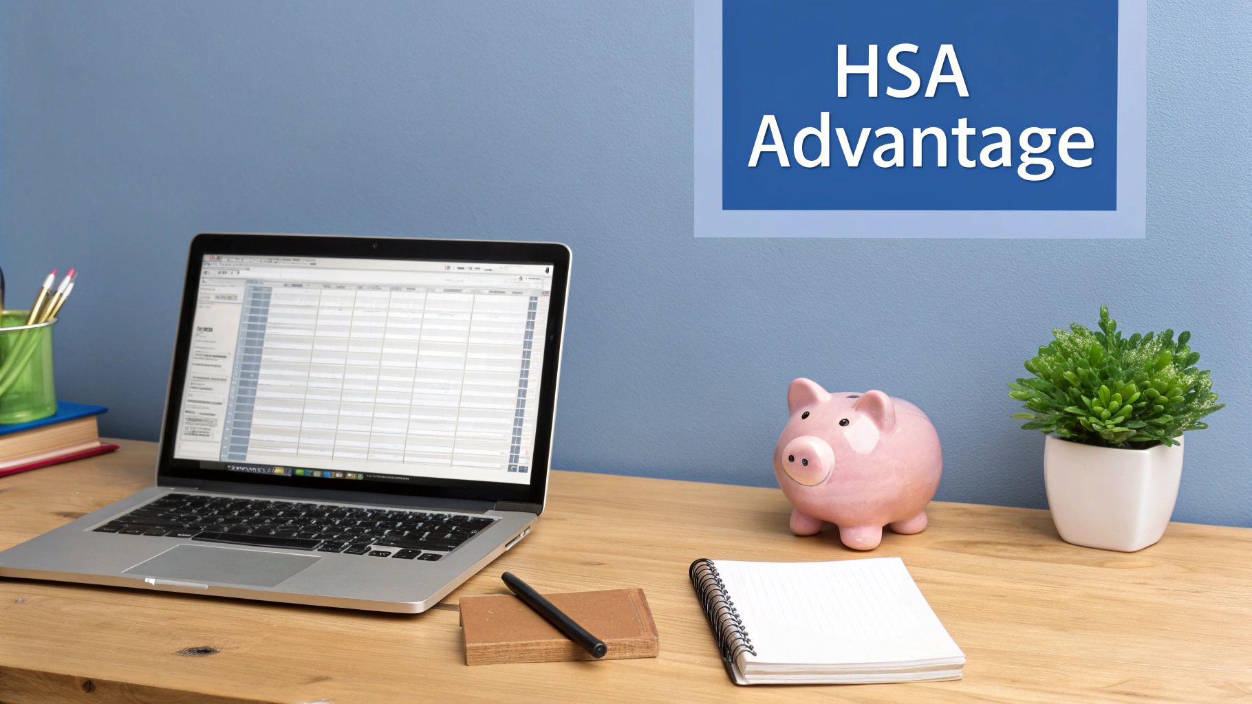 Desk with laptop, piggy bank, and a potted plant, featuring a sign reading 'HSA Advantage'.