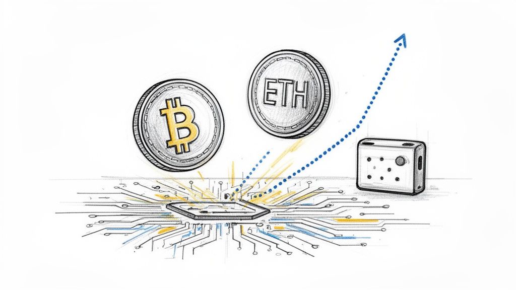 Cryptocurrency coins Bitcoin and Ethereum on a circuit board, showing data flow and growth.