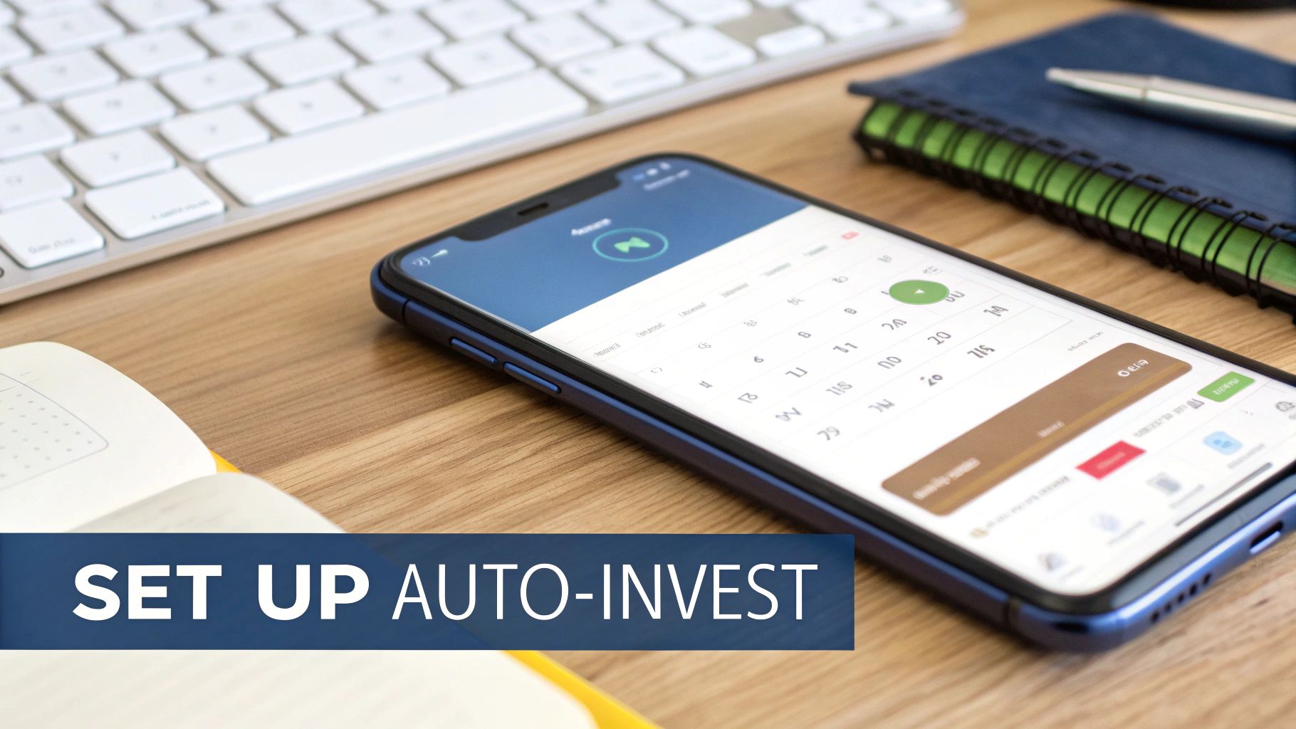 A smartphone displaying an investment app with a calendar, next to a keyboard and notebook, illustrating auto-invest setup.