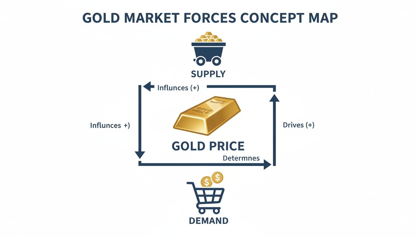 A concept map illustrating gold market forces: supply, demand, and their influence on gold price.