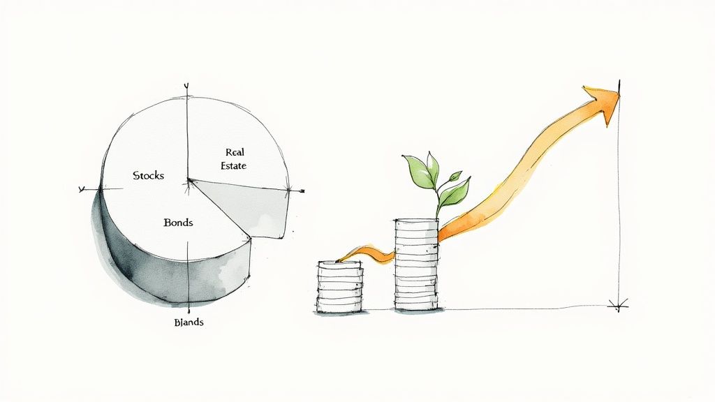 Investment portfolio diversification chart with pie chart showing stocks, bonds, real estate and growth graph illustration