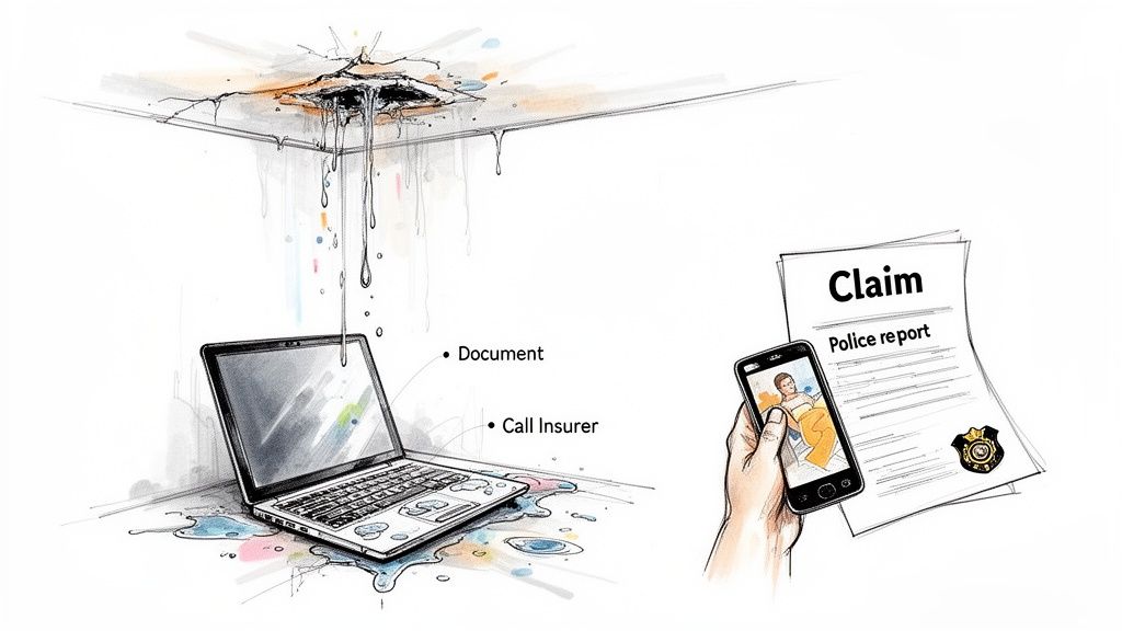 Illustration of a leaking ceiling, damaged laptop, and a hand with a phone near insurance claim documents.