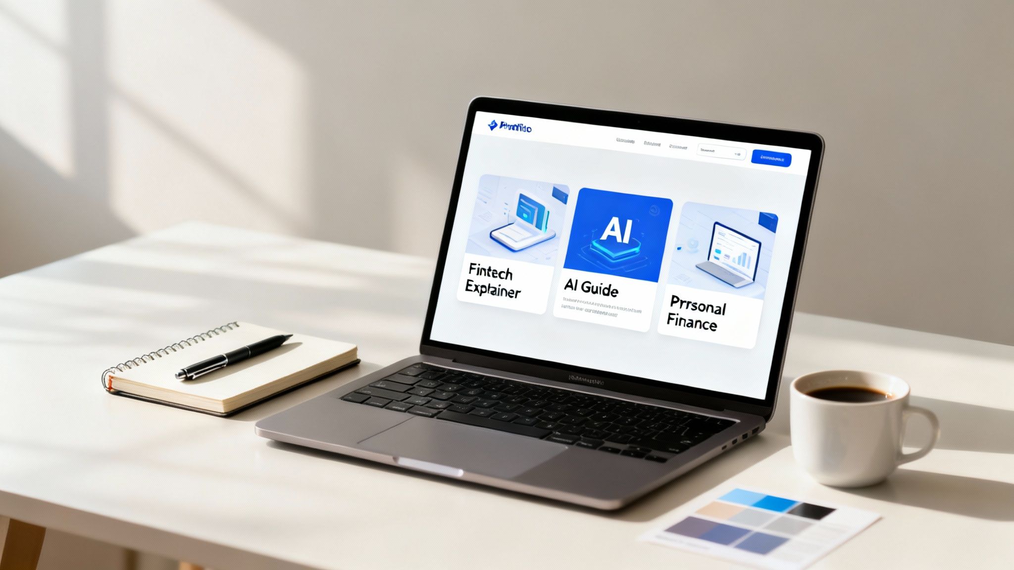 A bright, sunny desk with a laptop displaying a finance website, notebook, pen, coffee, and color swatches.