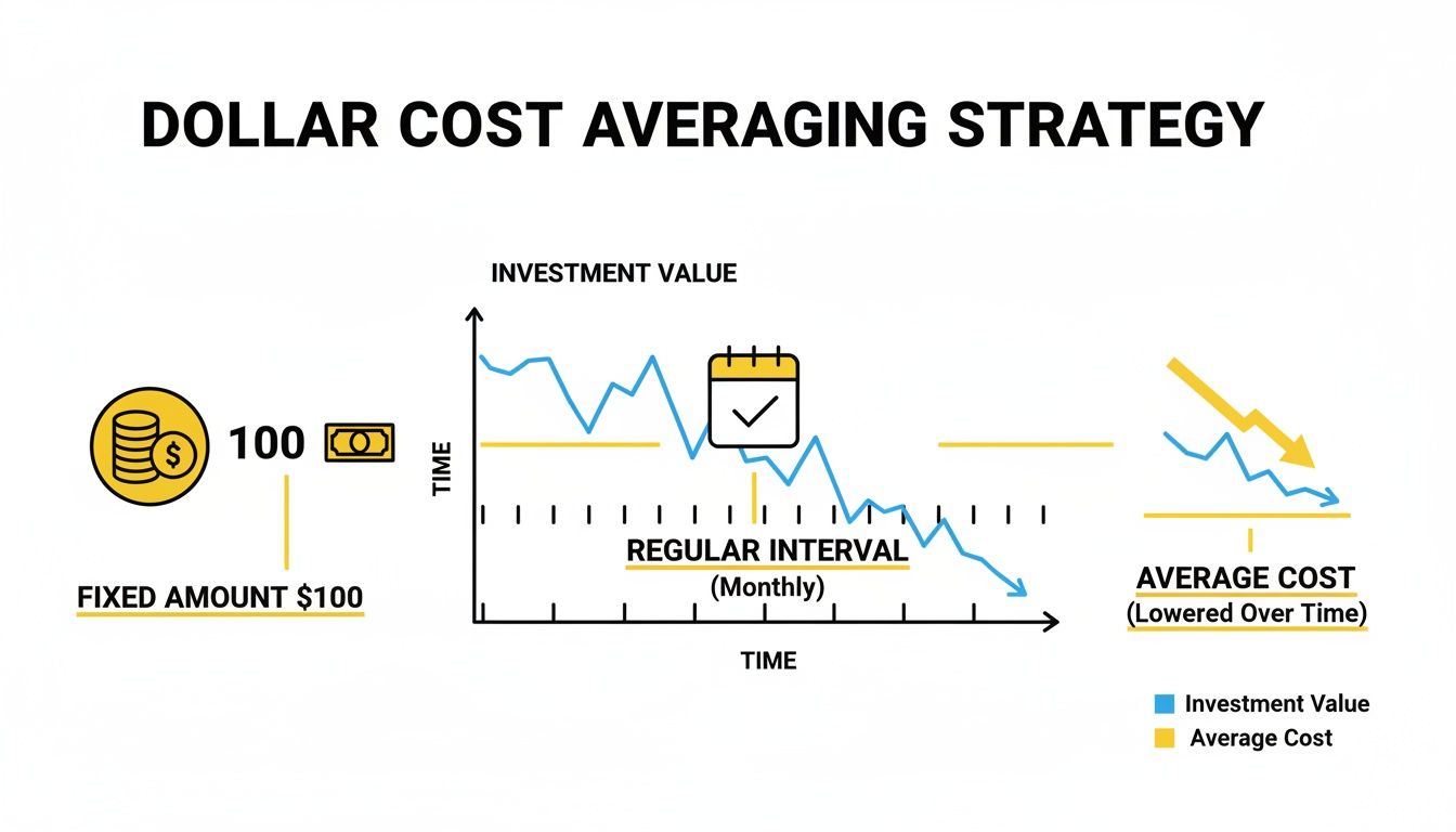Illustration explaining the dollar-cost averaging strategy, showing fixed investments over time lowering the average cost.