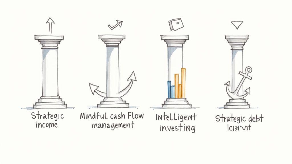 Four pillars standing strong, representing the core concepts of wealth creation