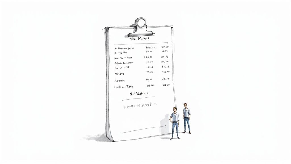 A couple sitting at their kitchen table with a laptop, calculator, and documents, working together to calculate their net worth.