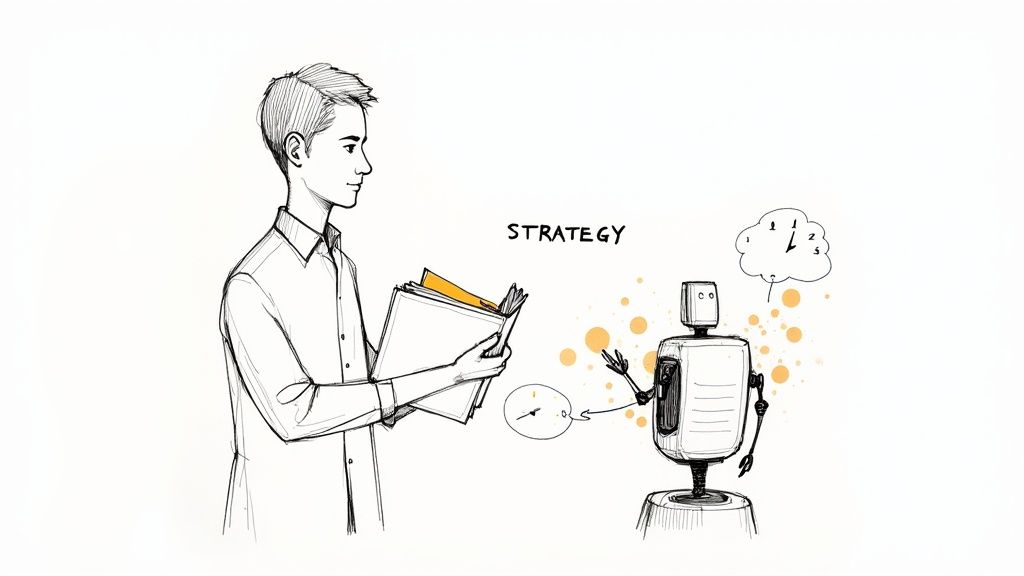 Professional man reviewing strategy documents while collaborating with AI robot assistant thinking through steps