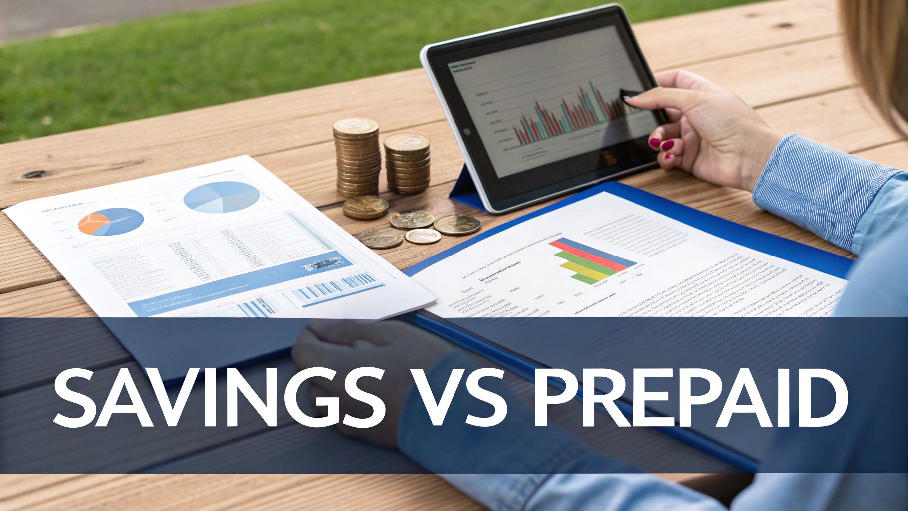 A person analyzing financial data and charts on a tablet and paper documents with coins.