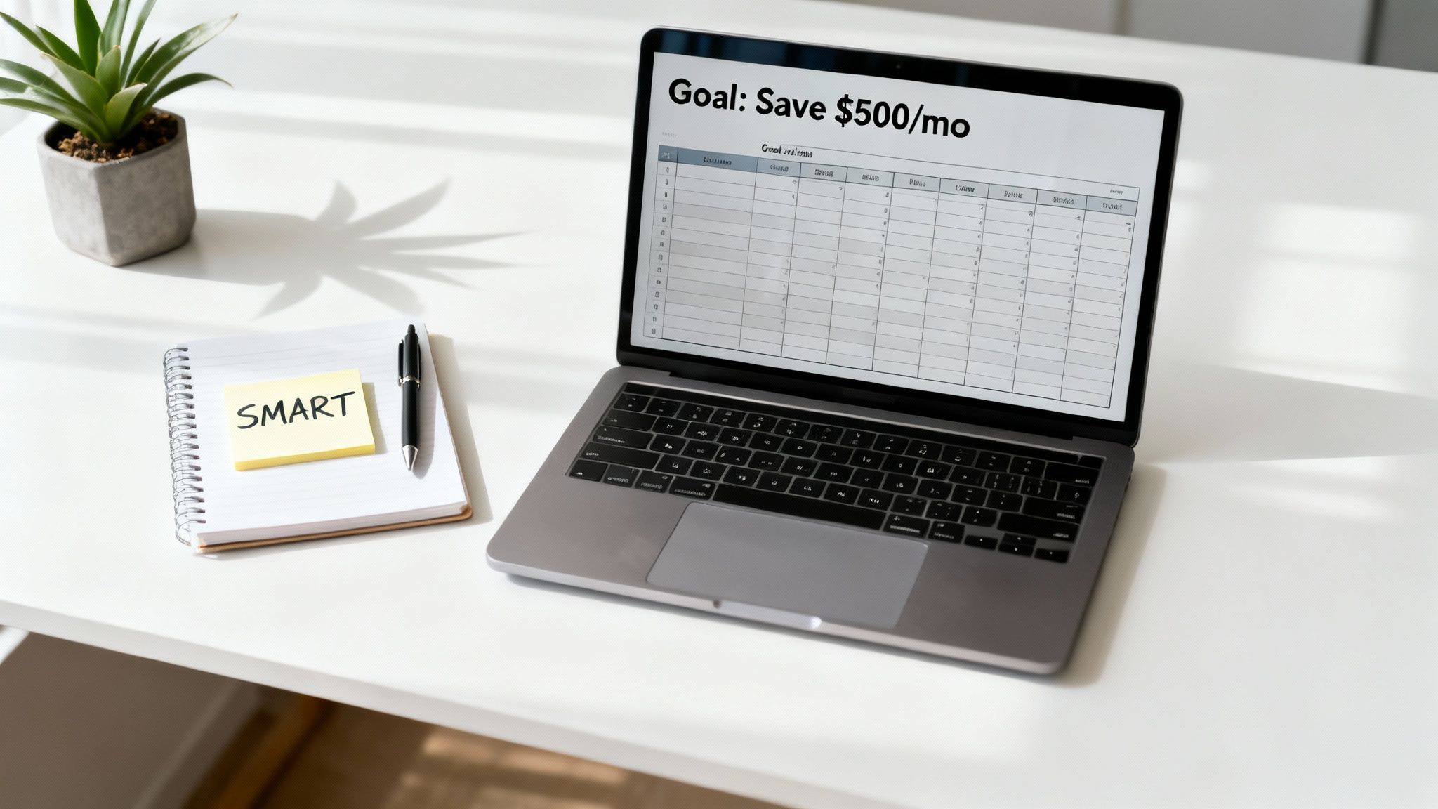 A laptop displays a 'Save $500/mo' financial goal, with a 'SMART' note on a nearby planner.
