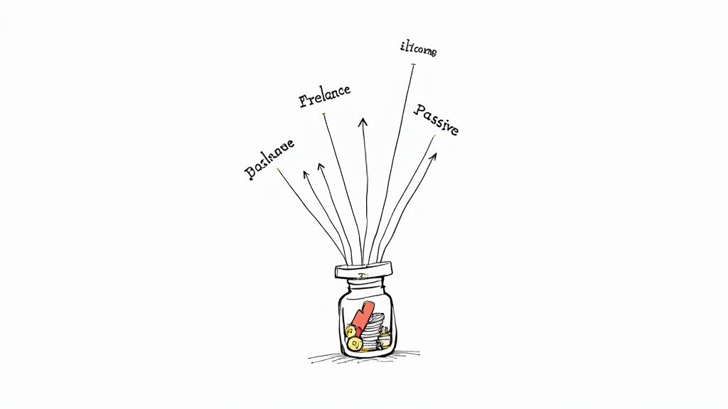 Glass jar with coins and cash sprouting income streams like freelance, passive income, and business