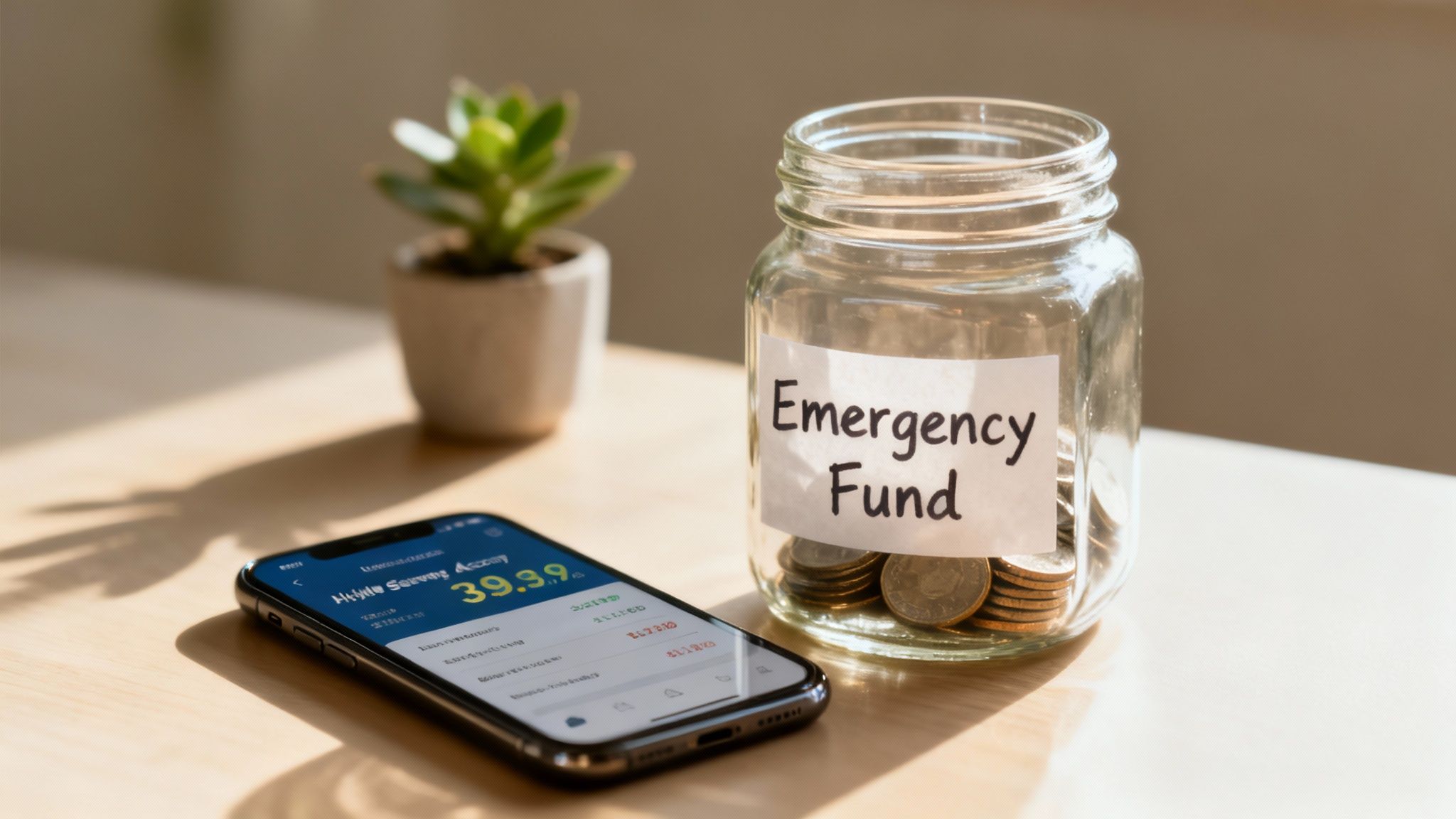 A smartphone displaying a banking app next to an emergency fund jar filled with coins on a wooden table.
