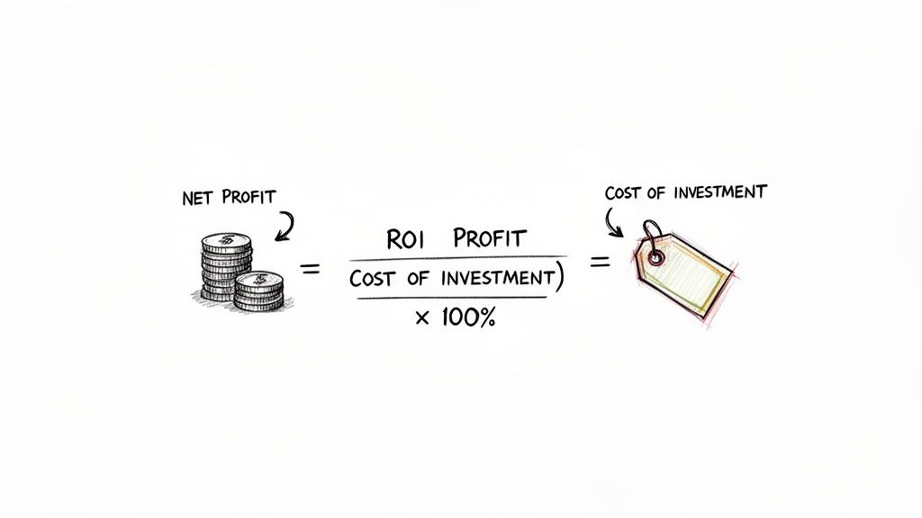 An illustration showing the formula for Return on Investment (ROI) using coins and a price tag.