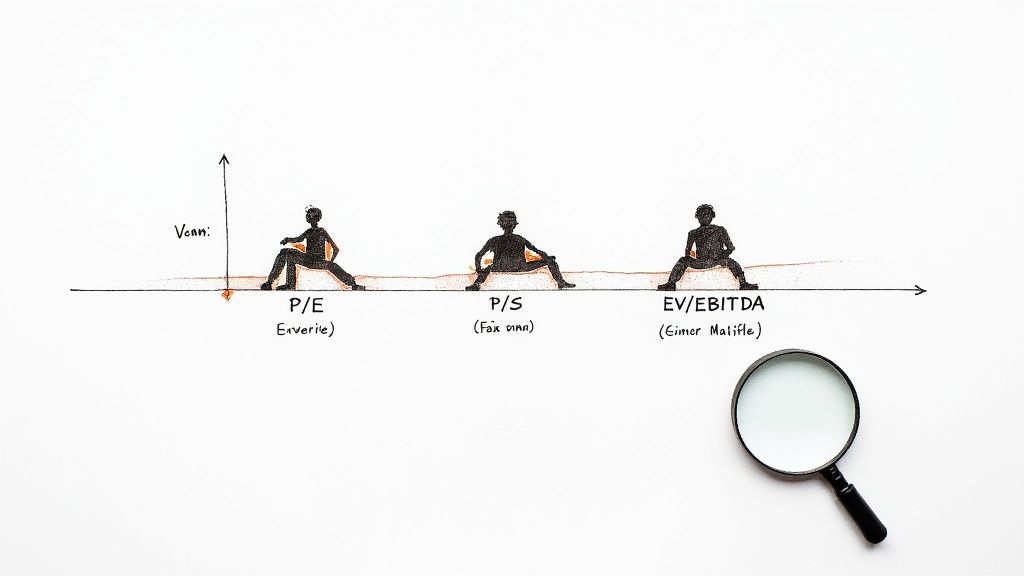 Illustration of P/E, P/S, and EV/EBITDA financial metrics with a magnifying glass for stock valuation.