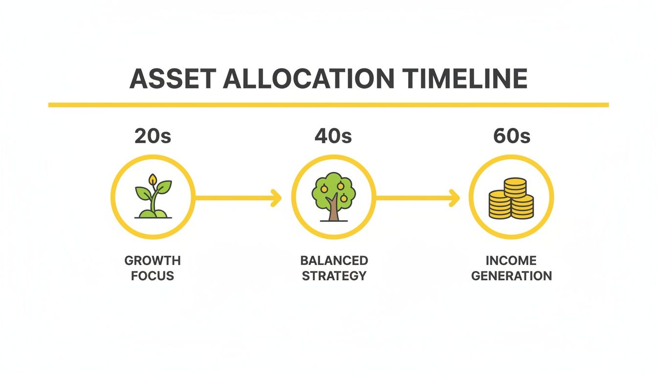 Asset allocation timeline showing growth focus in 20s, balanced in 40s, and income generation in 60s.