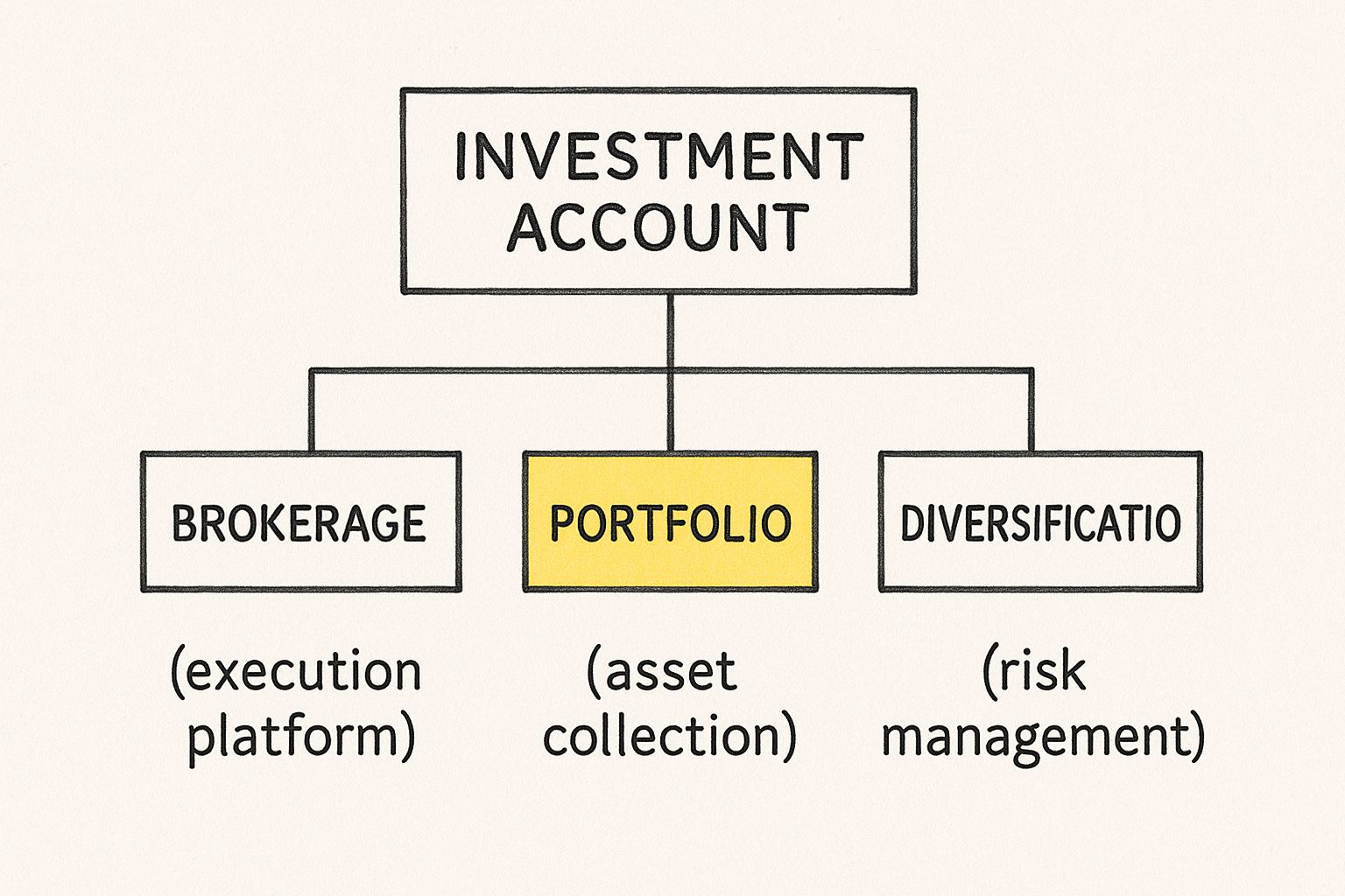 Infographic showing an investment account branching into its three main components: Brokerage, Portfolio, and Diversification.