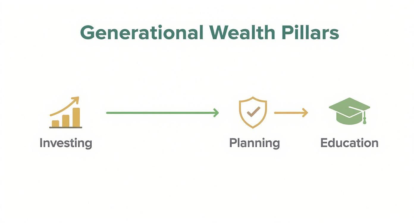 A diagram illustrating Generational Wealth Pillars: Investing, Planning, and Education with connecting arrows.