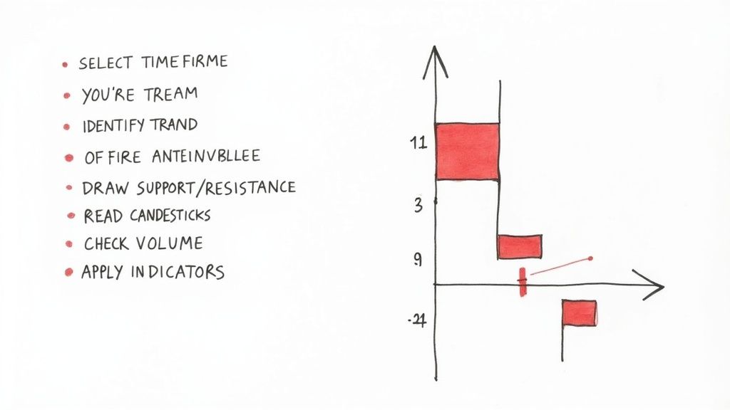 An investor analyzing a stock chart with highlighted trend lines and indicators, representing a practical checklist in action.