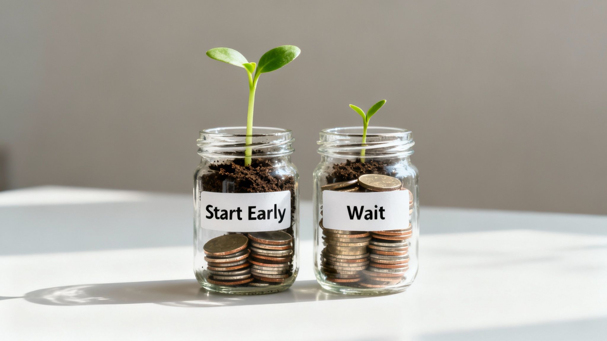 Two labeled jars with growing plants and coins, comparing early versus delayed financial investment.