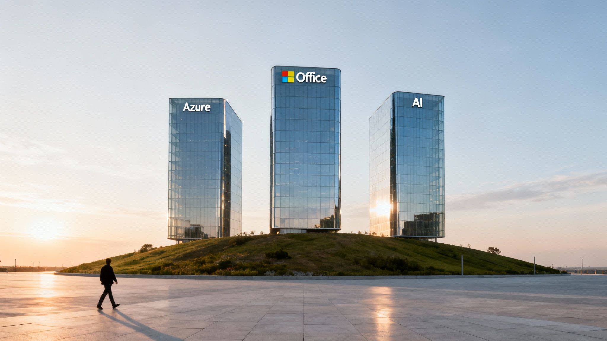 Three modern glass buildings labeled Azure, Office, and AI at sunset, with a person walking.