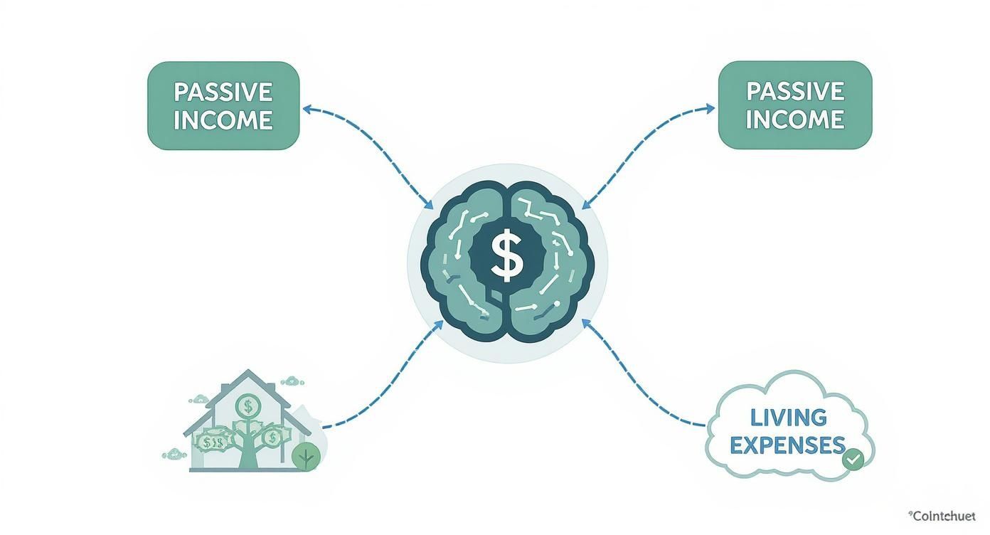 An illustration of a brain with a dollar sign, representing financial independence, receiving passive income and paying living expenses.