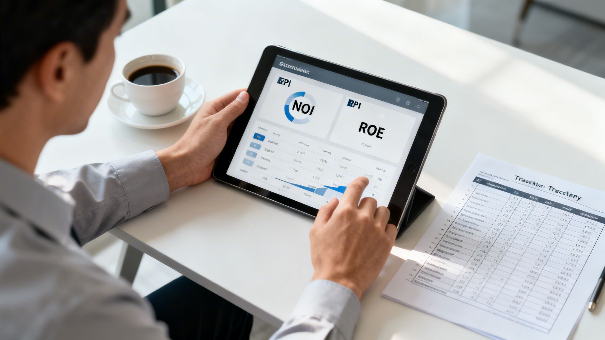 A person analyzing financial data, including NOI and ROE, on a tablet for real estate portfolio management.