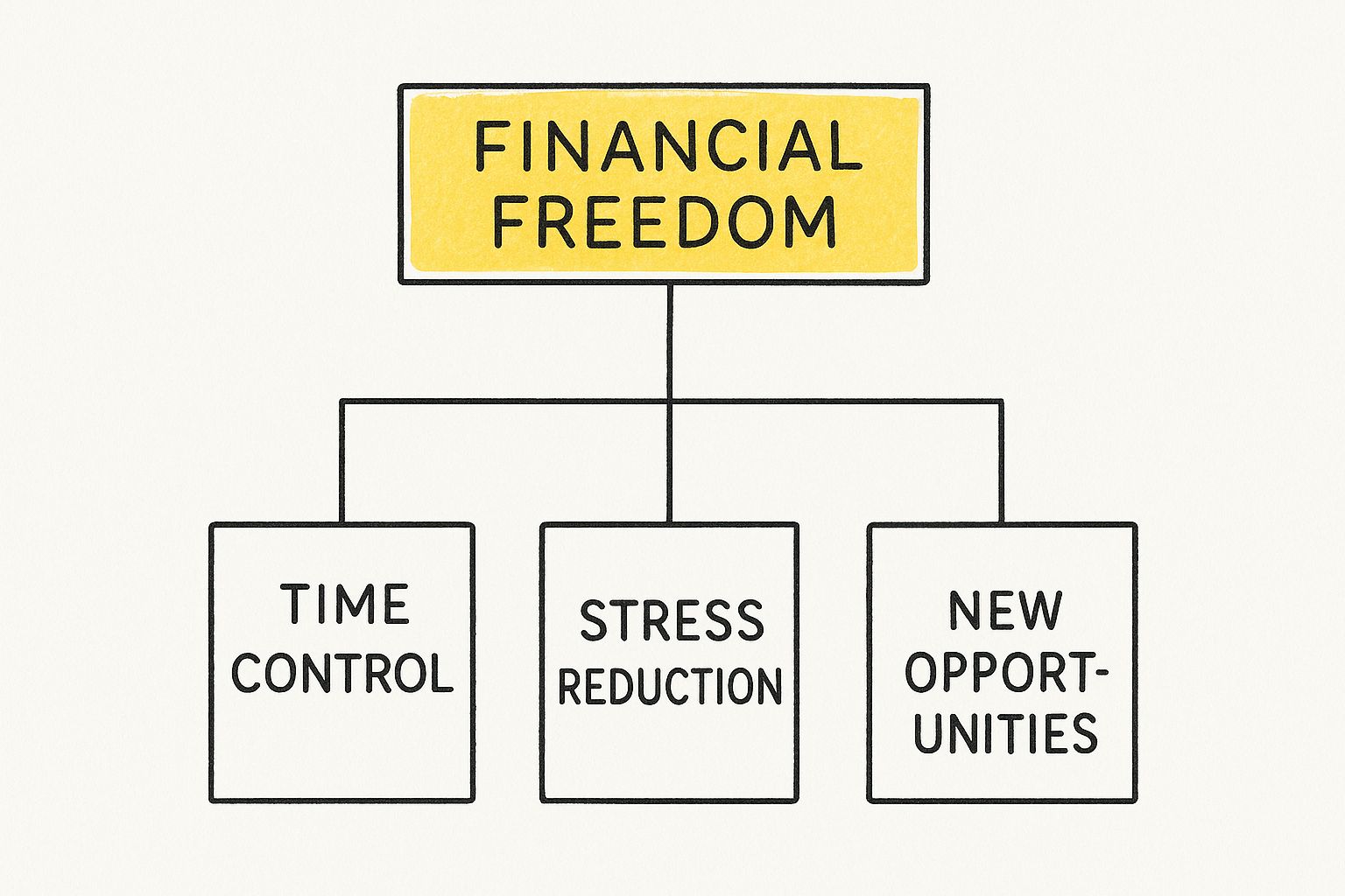 Infographic showing financial freedom as the main goal, with child nodes for Time Control, Stress Reduction, and New Opportunities