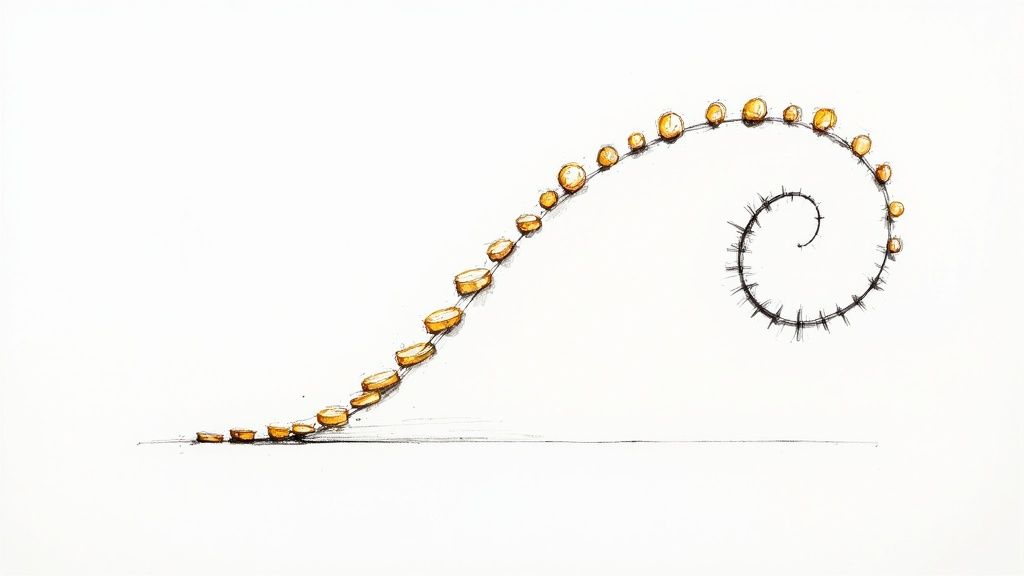 A small sapling growing out of a pile of coins, representing the power of compounding and long-term investment growth.