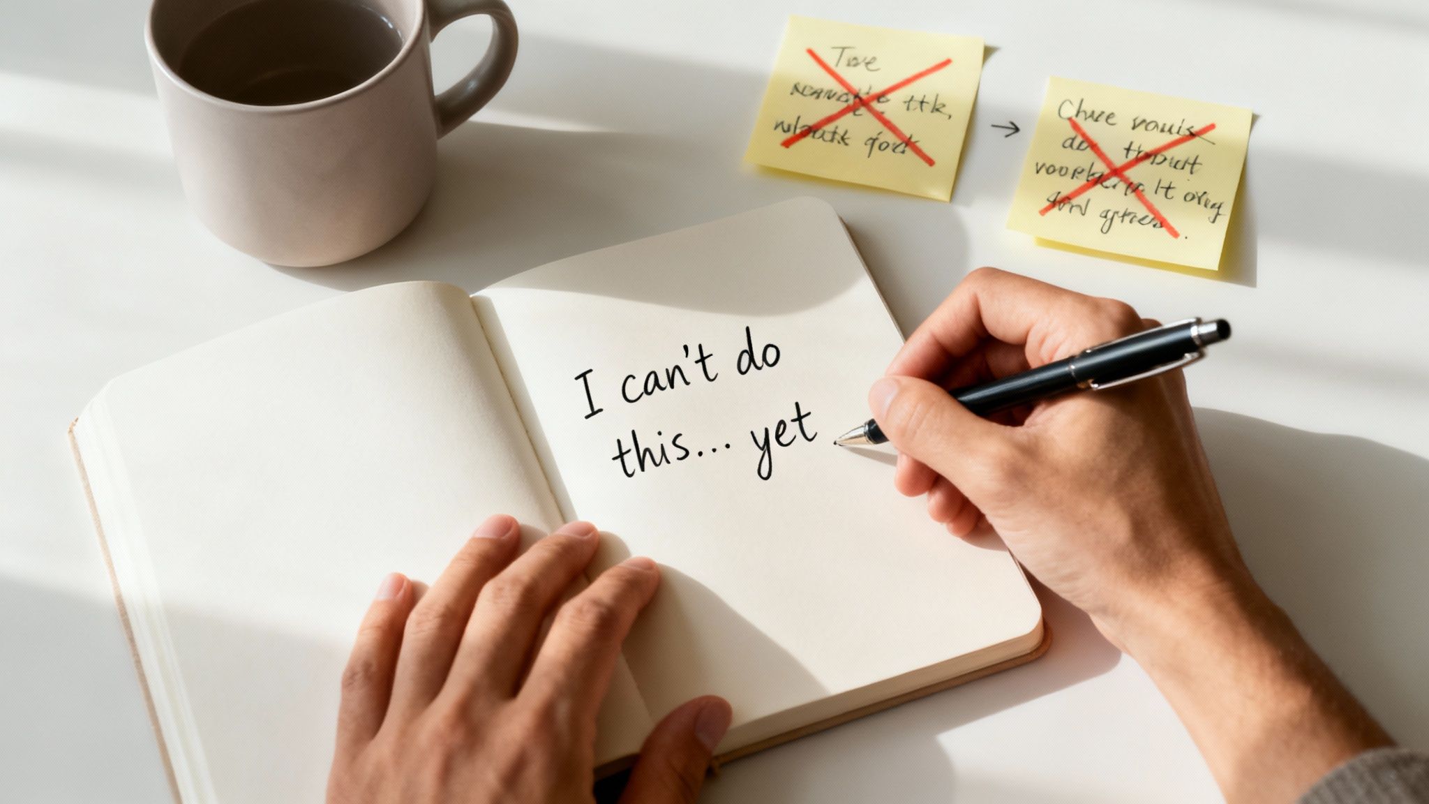 Close-up of hands writing 'I can't do this... yet' in a notebook, promoting a growth mindset.