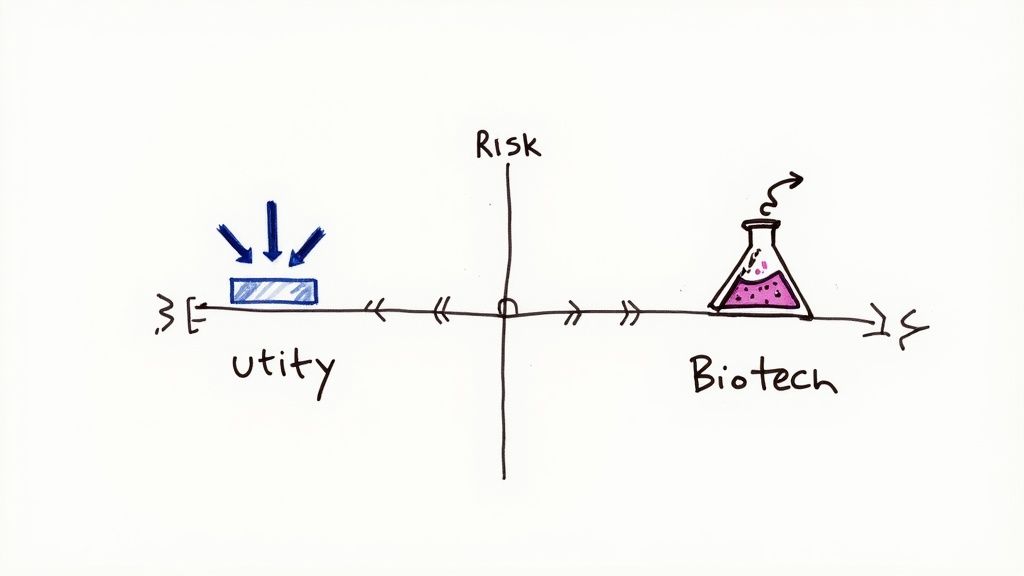 Hand-drawn diagram showing Utility (horizontal) and Risk (vertical) axes, with a blue rectangle and a biotech flask.