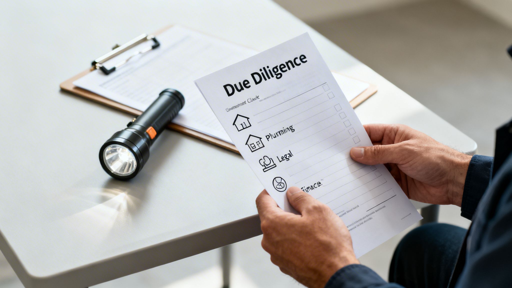 A person holds a 'Due Diligence' checklist with icons for real estate property analysis, next to a lit flashlight.