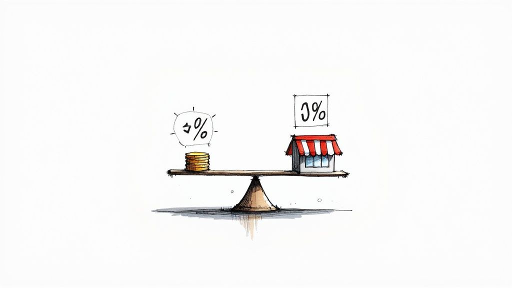 A balanced scale with a building on one side and a dollar sign on the other, representing the balance of benefits and risks in REIT investing.