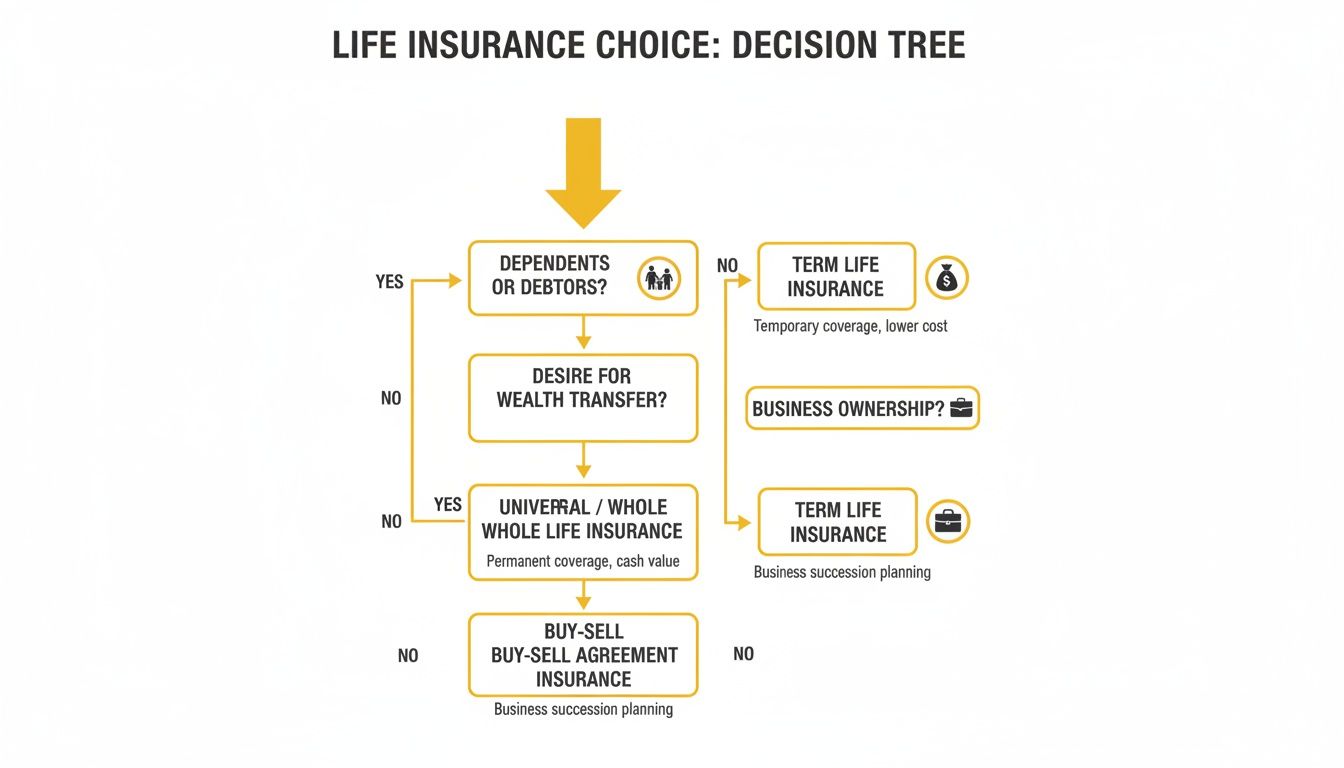 A decision tree illustrating choices for life insurance based on factors like dependents, wealth transfer, and business ownership.