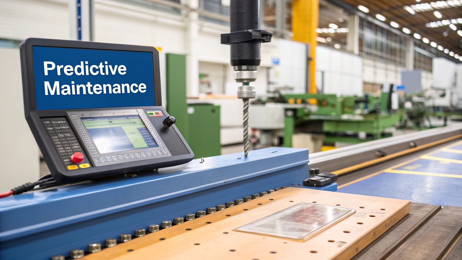 A CNC machine's control panel displays 'Predictive Maintenance' in a modern factory setting.