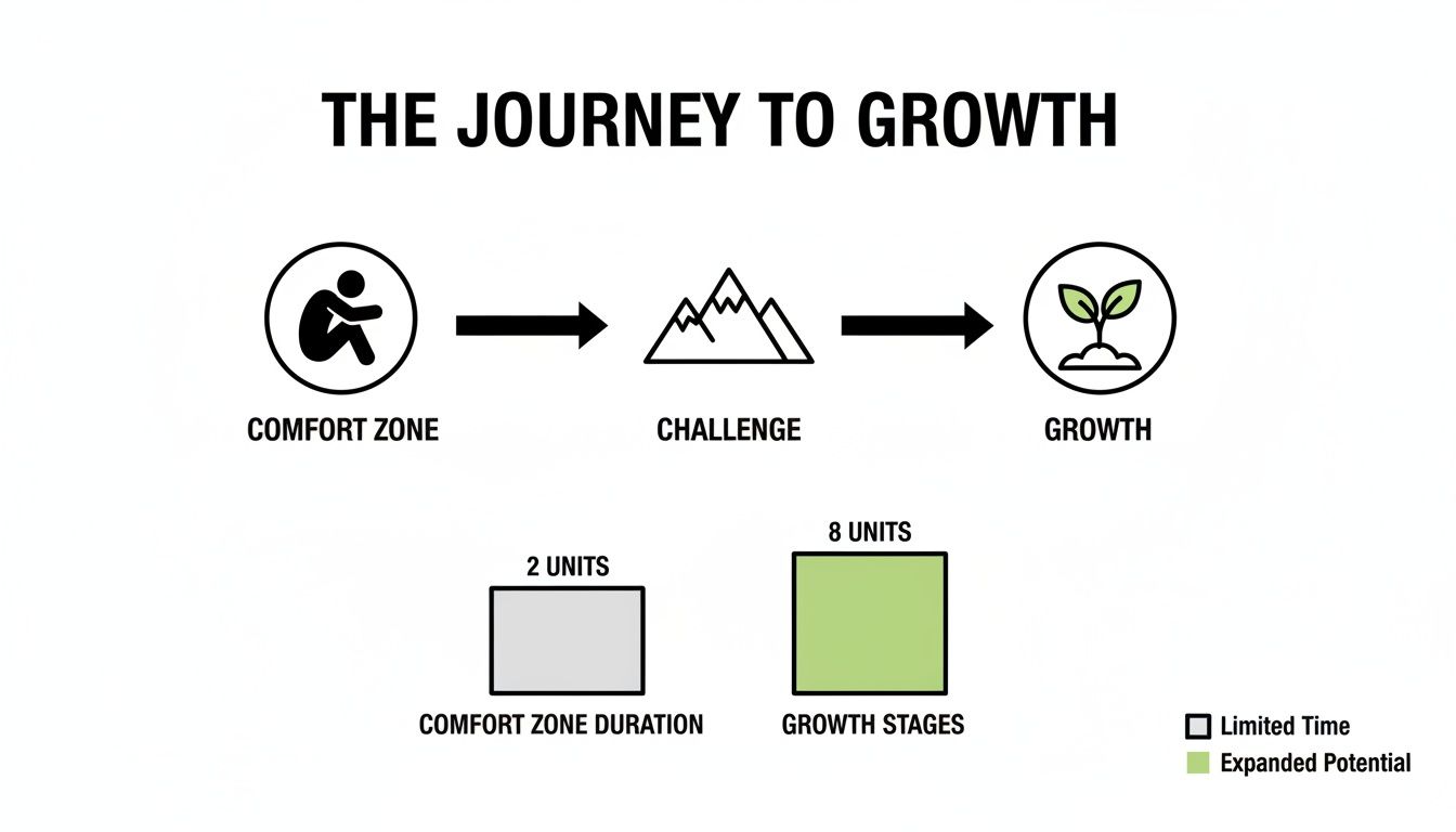 Infographic showing the journey from comfort zone through challenge to growth, detailing duration and potential.
