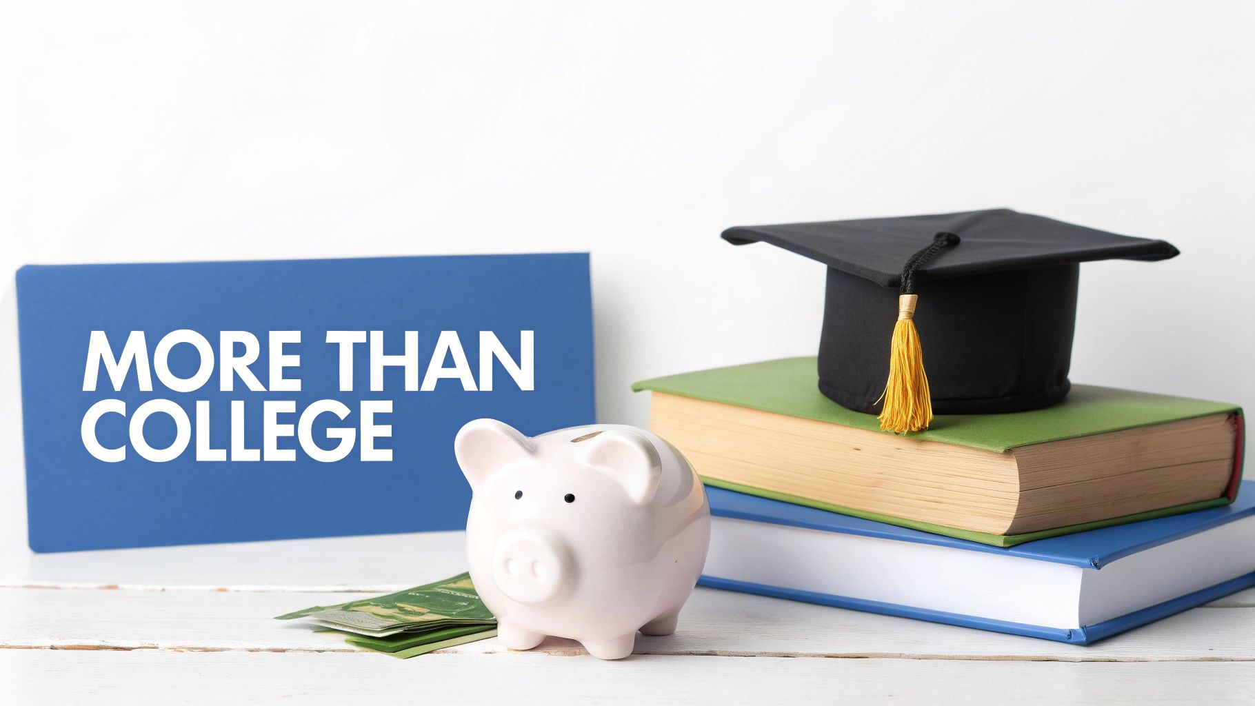 Piggy bank, money, books, and a graduation cap with a sign saying 'MORE THAN COLLEGE'.
