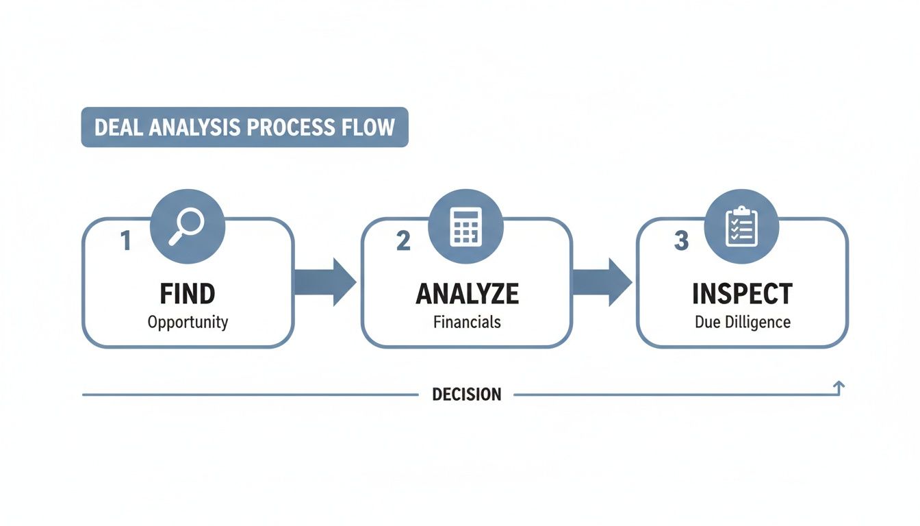 A deal analysis process flow diagram showing three steps: find, analyze financials, and inspect due diligence, leading to a decision.