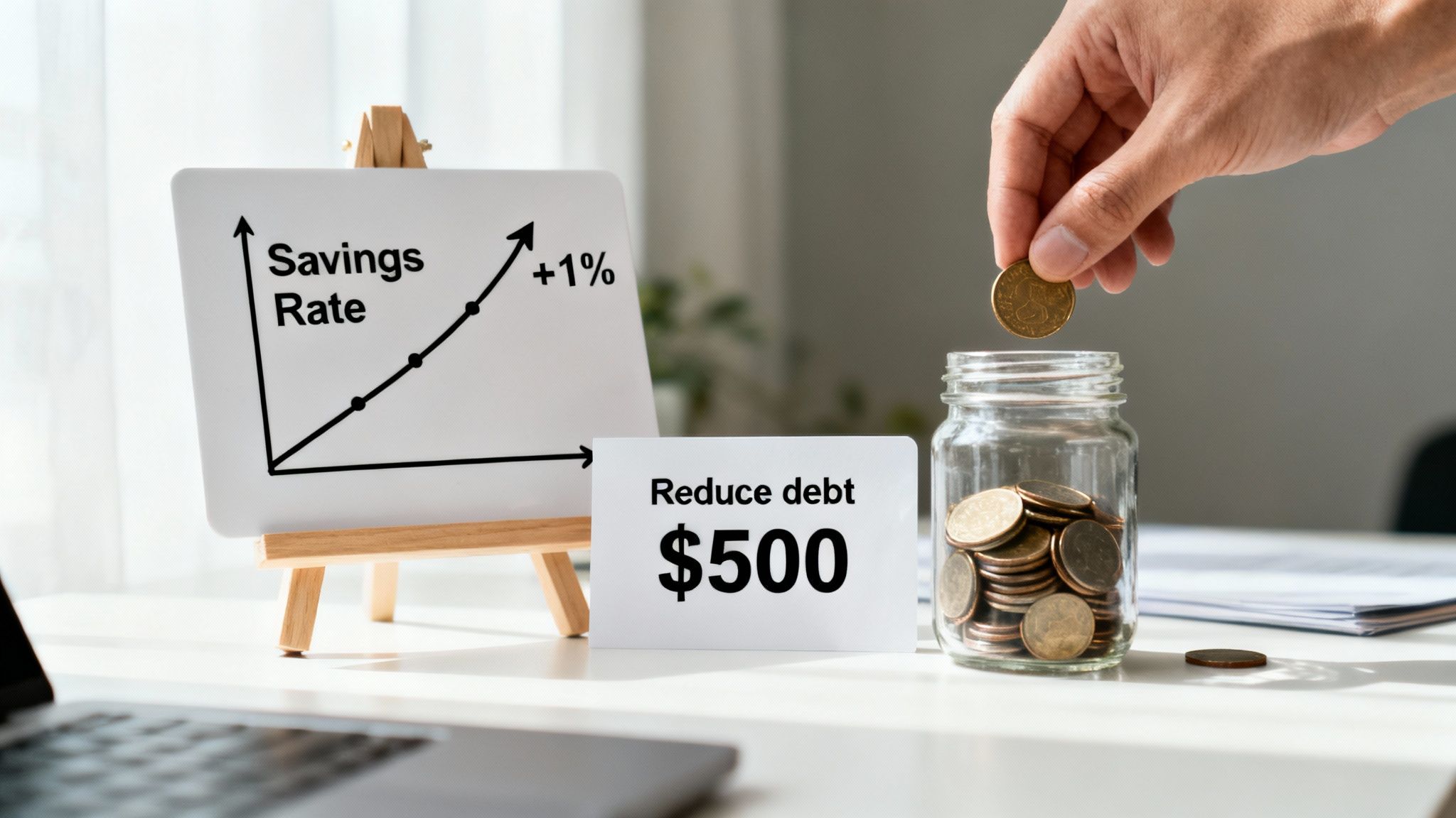 A hand drops a coin into a savings jar, next to a graph showing increased savings and a debt reduction goal.