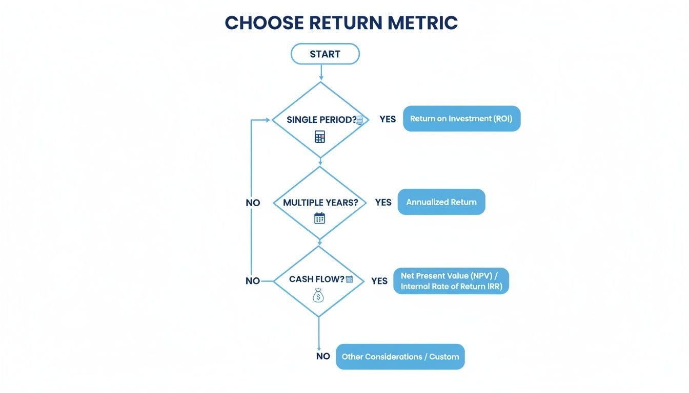 Flowchart guiding the selection of investment return metrics based on single period, multiple years, or cash flow.