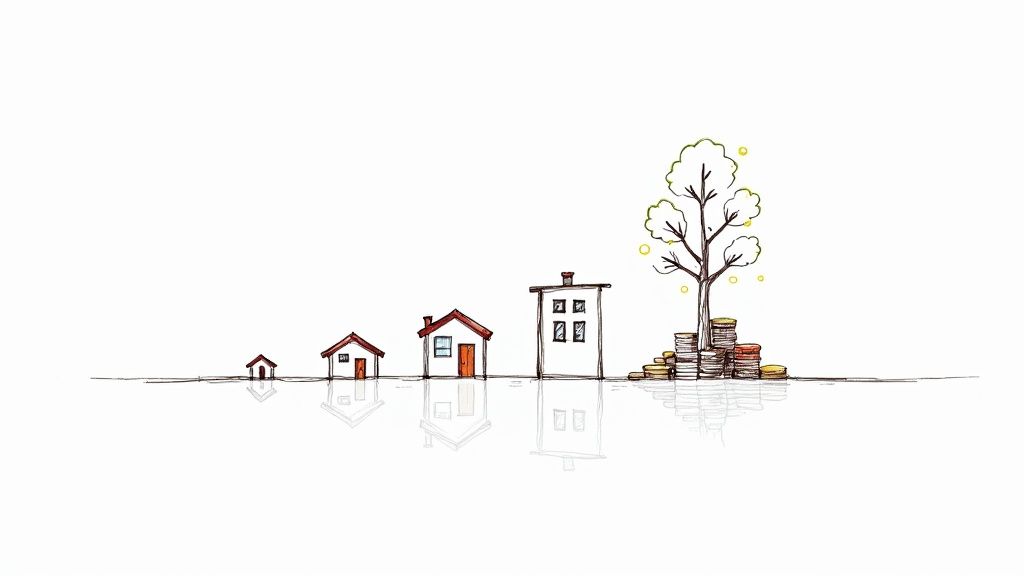 A modern house with a swimming pool, symbolizing wealth built through real estate investment.