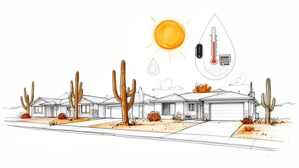 Sketch of desert homes with saguaro cacti under a hot sun, symbolizing heat and water use.