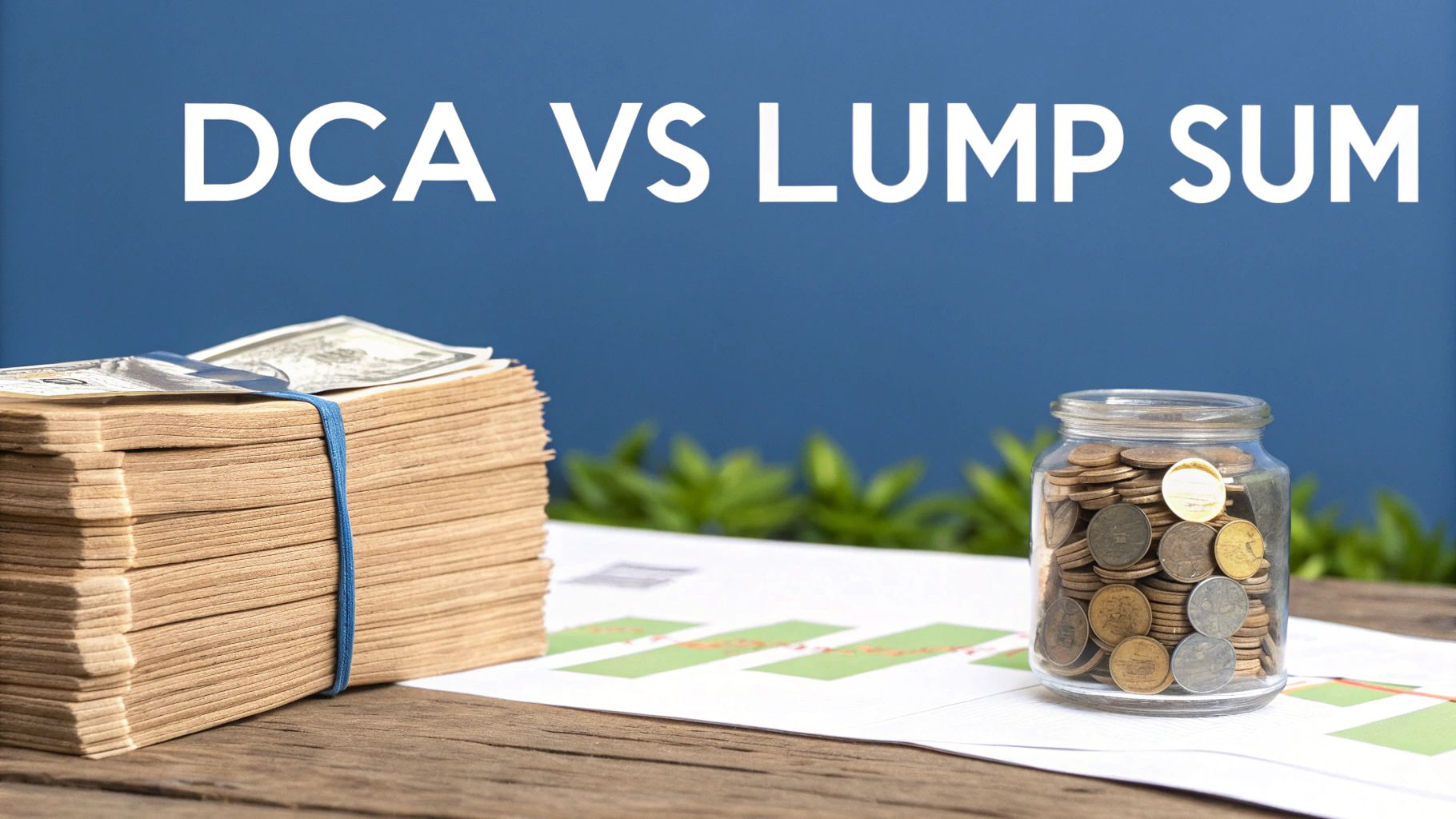 A visual comparison of DCA and Lump Sum investing with a stack of cash and a jar of coins.