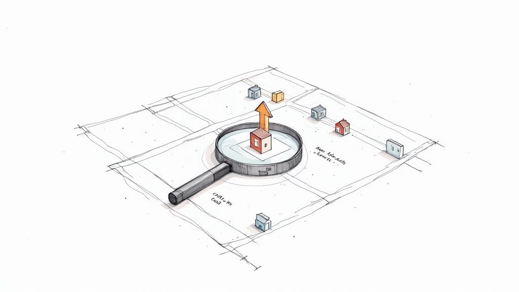 A person using a magnifying glass to examine a miniature house model, symbolizing property analysis.