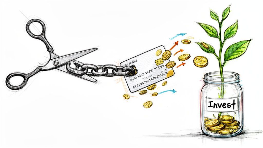 Scissors cutting a chain from a credit card, symbolizing debt relief and financial investment growth.