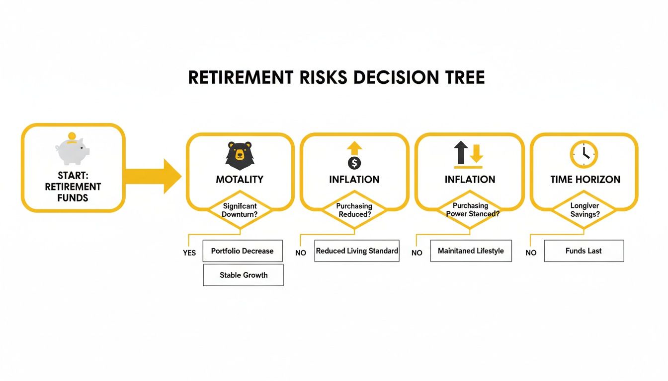 Flowchart illustrating retirement risks decision tree including mortality, inflation, and time horizon factors.