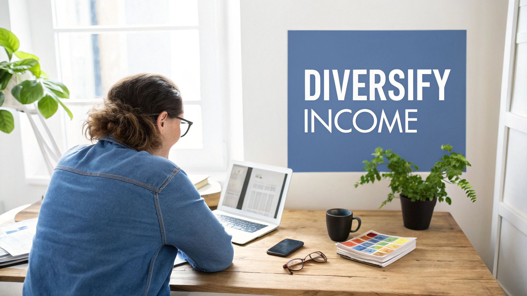 Person working on a laptop at a desk, with 'DIVERSIFY INCOME' text on a wall.