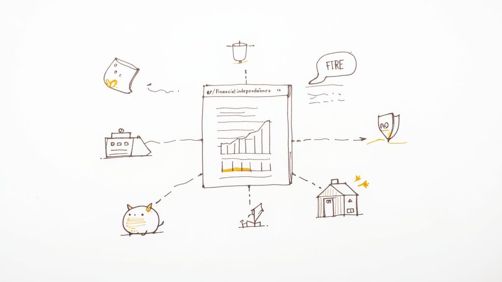 Three piggy banks with labels for savings, spending, and investing, representing the core pillars of the FIRE movement.